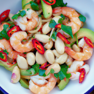 Garlic-and-chilli-prawn-salad-with-avocado-and-white-beans