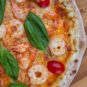 Prawn, tomato and basil pizza